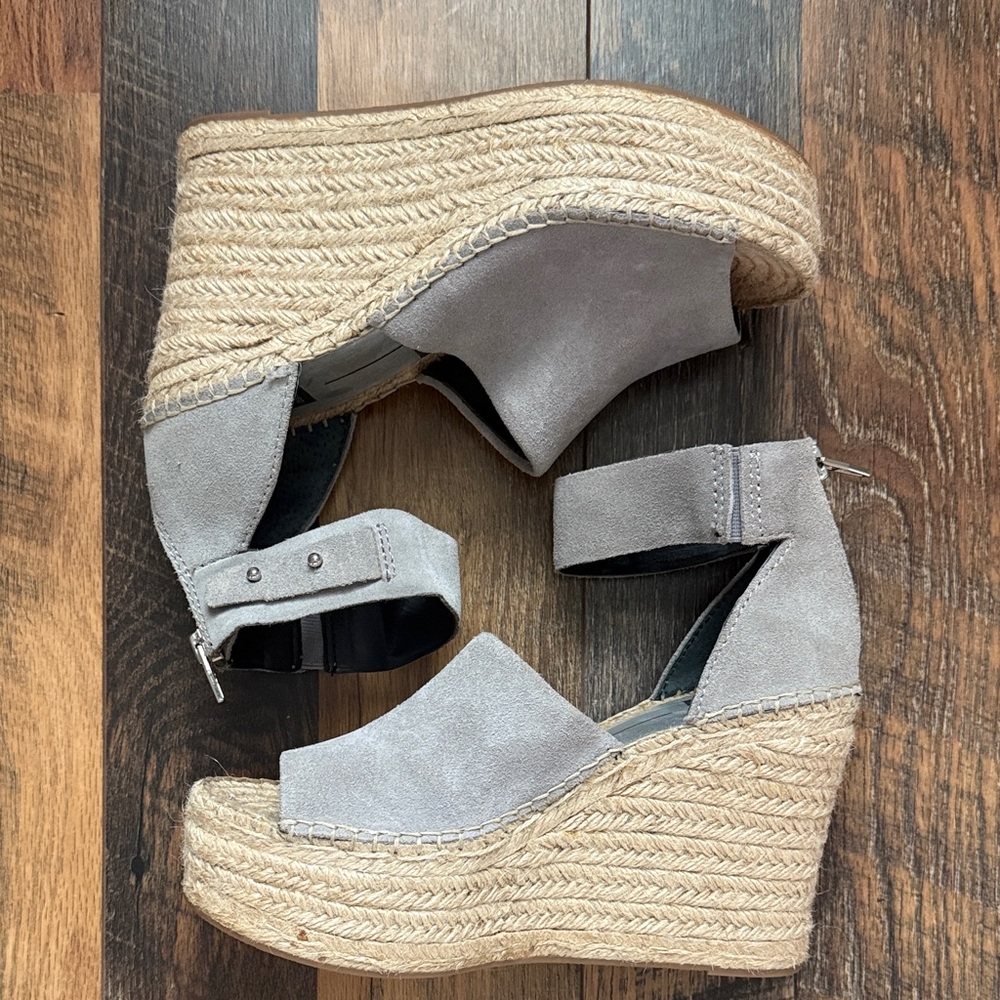Straw Platform Suede Gray Espadrille Wedge Sandals